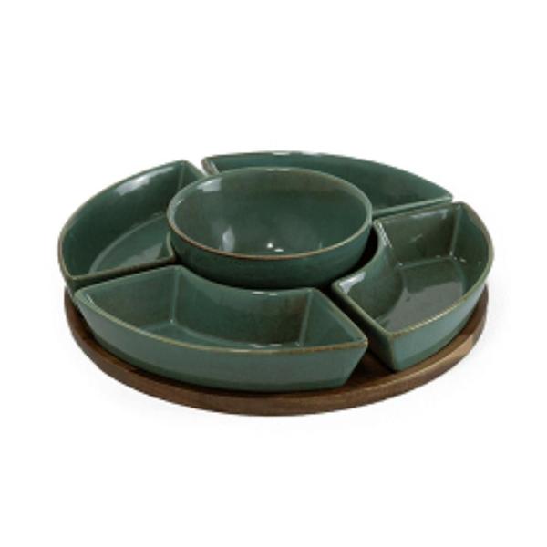 Petisqueira Em Madeira Com 5 Bowls Em Cerâmica - Btc Imagem de Petisqueira Em Madeira Com 5 Bowls Em Cerâmica - Btc