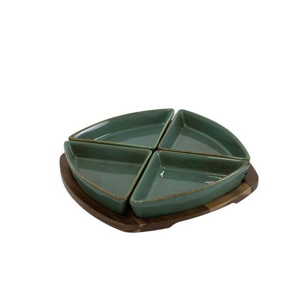 Imagem de Petisqueira em madeira e ceramica verde com 4 bowls verde