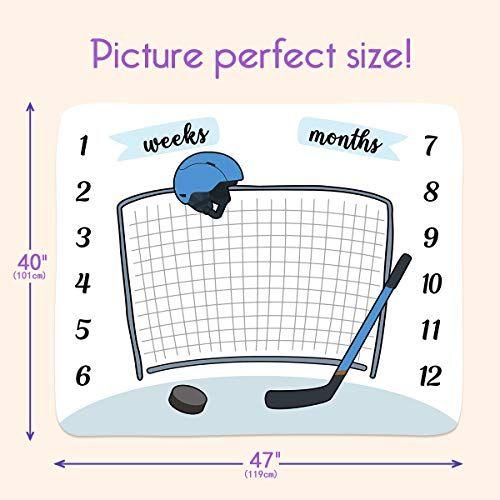 Imagem de PHMOJEN Baby Age Milestone Cobertor, Hockey Goal Helmet Stick Blanket para berçário, Baby 1-12 meses Gráfico de crescimento, Inclui 4 quadros e 1 faixa de cabeça 47 "x40" BTLSPH300