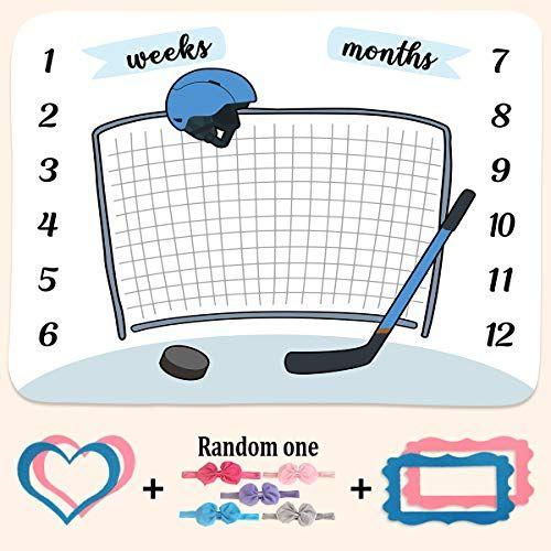 Imagem de PHMOJEN Baby Age Milestone Cobertor, Hockey Goal Helmet Stick Blanket para berçário, Baby 1-12 meses Gráfico de crescimento, Inclui 4 quadros e 1 faixa de cabeça 47 "x40" BTLSPH300