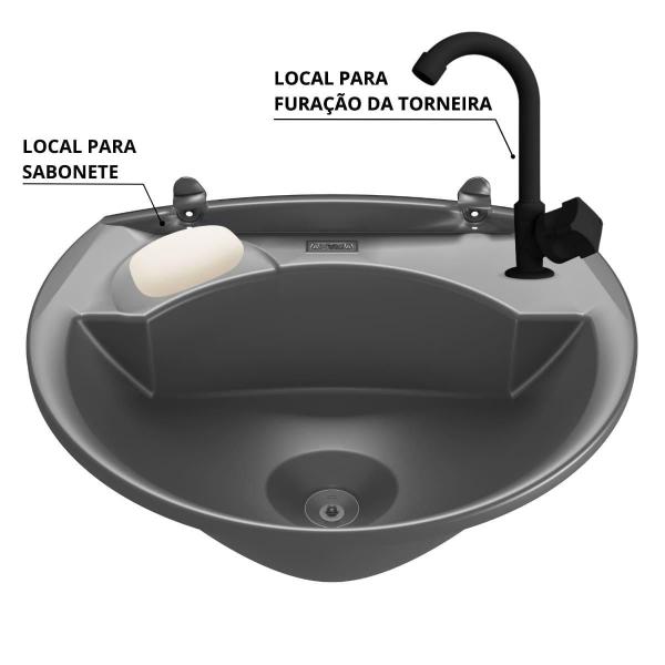 Imagem de Pia 4L Cinza + Sifão Sanfonado + Torneira Preta + Veda Rosca