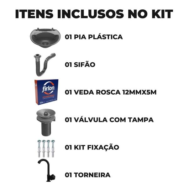 Pia 4L Cinza + Sifão Sanfonado + Torneira Preta + Veda Rosca - Astra Imagem de Pia 4L Cinza + Sifão Sanfonado + Torneira Preta + Veda Rosca