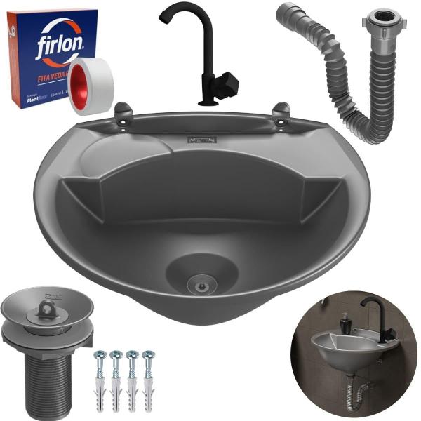 Pia 4L Cinza + Sifão Sanfonado + Torneira Preta + Veda Rosca - Astra Imagem de Pia 4L Cinza + Sifão Sanfonado + Torneira Preta + Veda Rosca