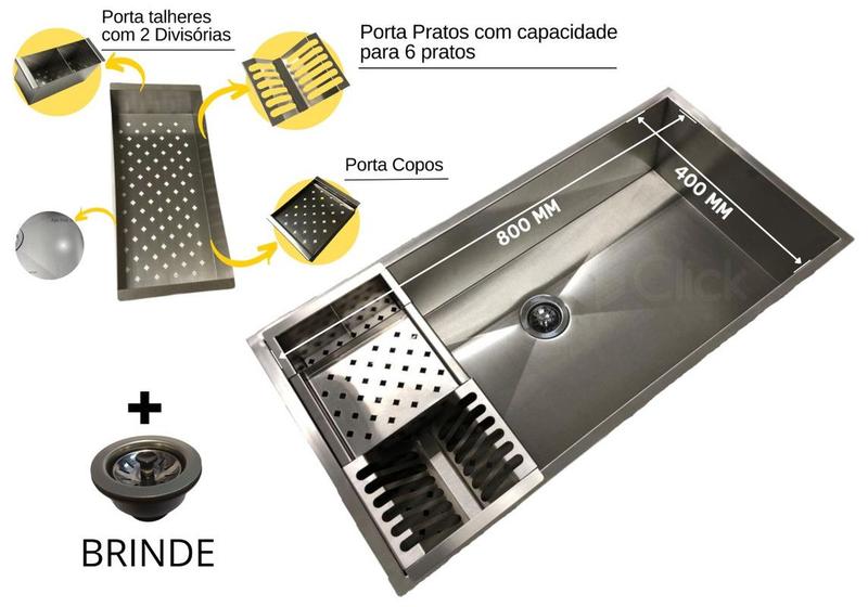 Imagem de Pia Cuba De Inox Para Cozinha 80x40 Gourmet Luxo Quadrada com escorredor