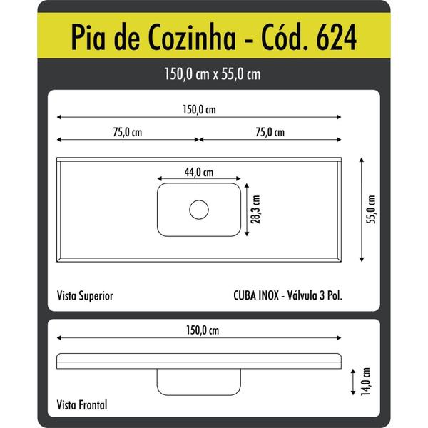 Imagem de Pia de Cozinha em Mármore Sintético com Cuba em Aço Inox 150cmx55cm AJ Rorato