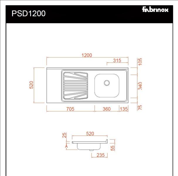 Imagem de Pia Inox Fabrinox PSD1200D 120x52cm, cuba direita e furo para torneira