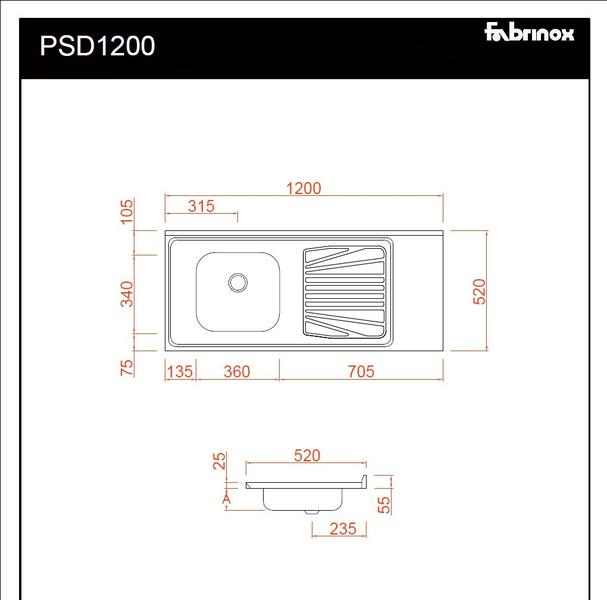 Imagem de Pia Inox Fabrinox PSD1200E 120x52cm, cuba esquerda, kit completo