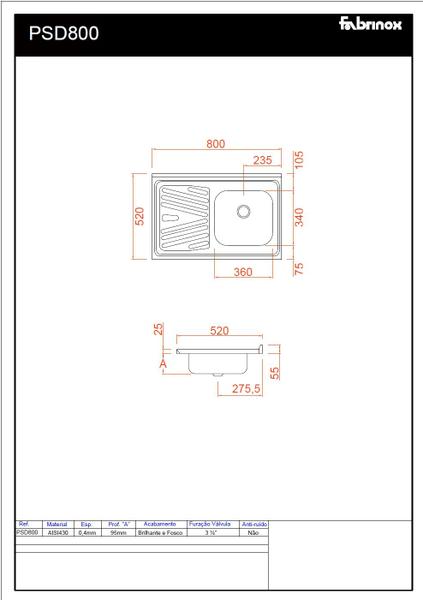 Imagem de Pia Inox Fabrinox PSD800D 80x52cm, cuba direita e furo para torneira