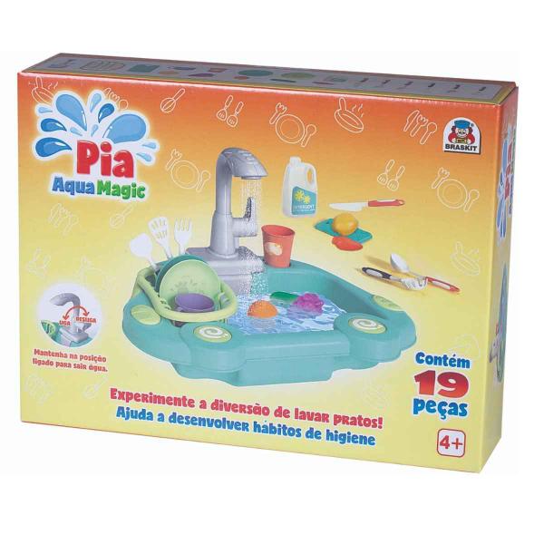 Imagem de Pia Lava Louça Acqua Magic Braskit Com 19 Acessórios Cozinha Infantil de Brinquedo Sai Água De Verdade