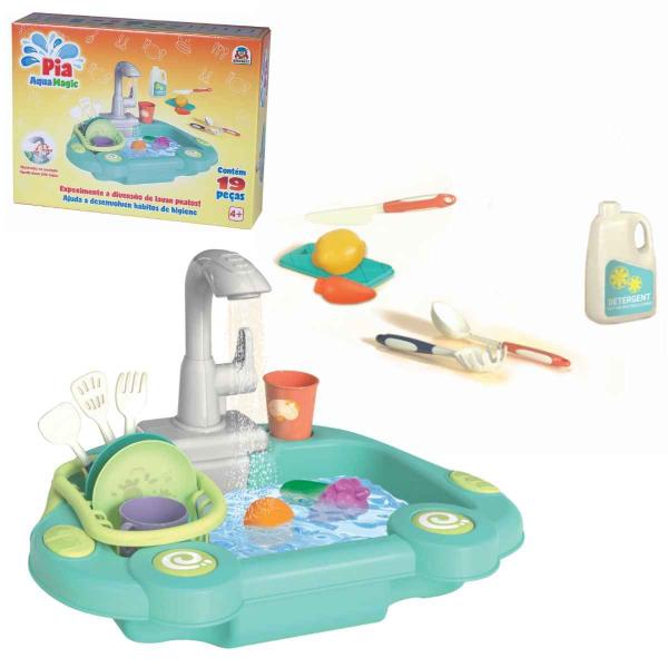 Pia Lava Louça Acqua Magic Braskit Com 19 Acessórios Cozinha Infantil de Brinquedo Sai Água De Verdade Imagem de Pia Lava Louça Acqua Magic Braskit Com 19 Acessórios Cozinha Infantil de Brinquedo Sai Água De Verdade