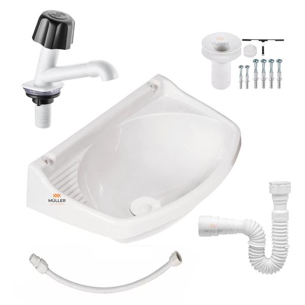 Pia Lavatorio Plastico Branco Banheiro + Torneira + Sifão - Metasul Imagem de Pia Lavatorio Plastico Branco Banheiro + Torneira + Sifão