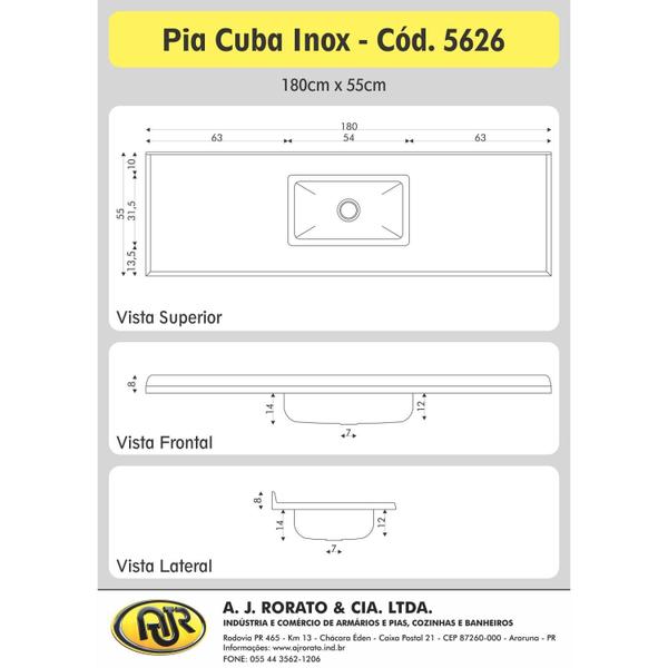 Imagem de Pia Para Cozinha em Mármore Sintético com Cuba em Aço Inox 180cmx55cm