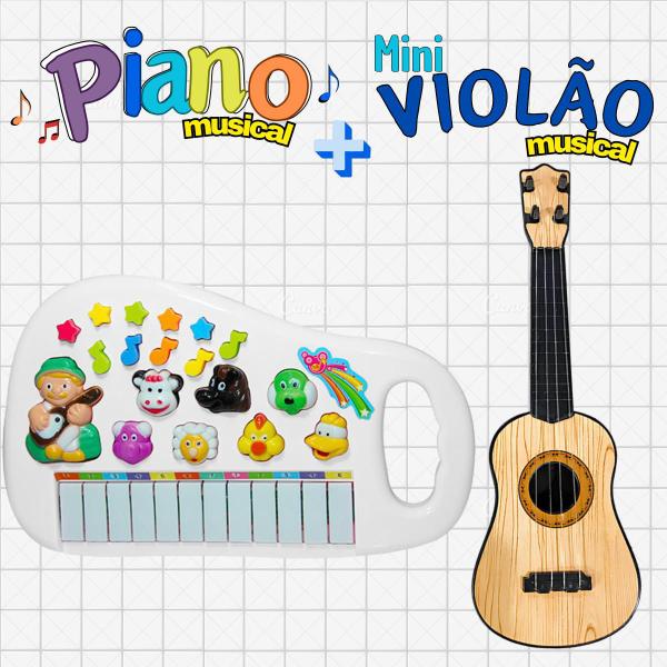 Imagem de Pianinho Musical Animais Fazendinha Infantil + Mini Violão 4 Cordas 28cm Feito Em Plástico Art Brink