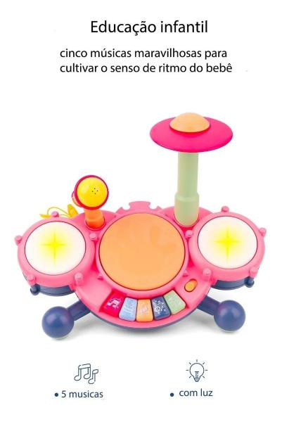 Imagem de Piano Bebe Bateria Drum Musical Microfone Infantil Educativo!(Rosa)