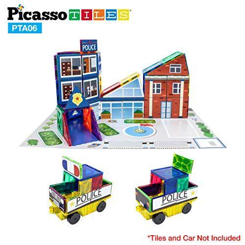 Imagem de PicassoTiles 80pc Escola, Hospital, Delegacia de Polícia 3-em-1 Tema Ímã Auto Adesivo Back-On Puzzle Kit Gráfico e Mapas de Sobreposição para Blocos de Construção Magnéticos STEM Learning Toy de Construção