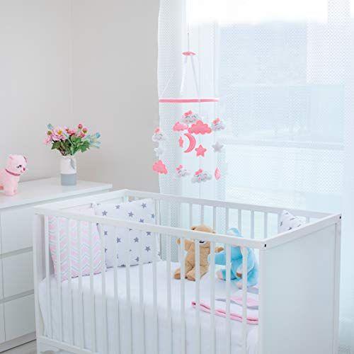 Imagem de Piccolin Baby Crib Mobile, Brinquedos Suspensos, Decoração de Berçário para Meninas Decorações de Quarto Branco e Rosa, Nuvens, Luas e Estrelas Seguras, Não Tóxicas, Berço Móvel para Recém-nascidos, Chá de Bebê Presente