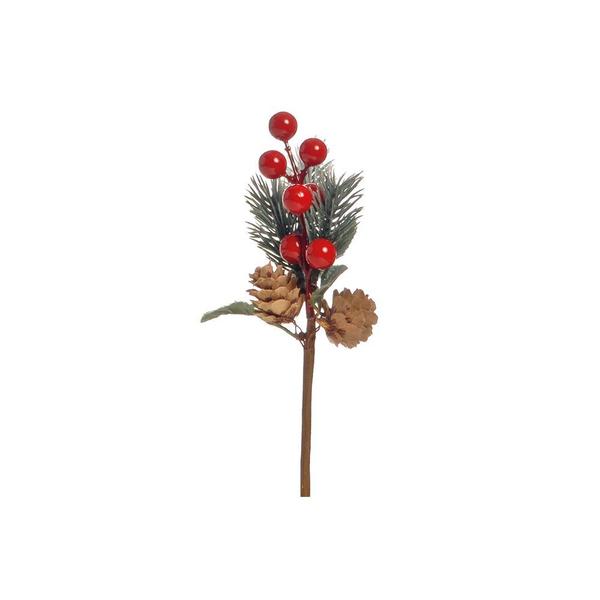 Imagem de Pick Enfeite Natal Galho Folhas Pinhas e Fruta Vermelha 20cm