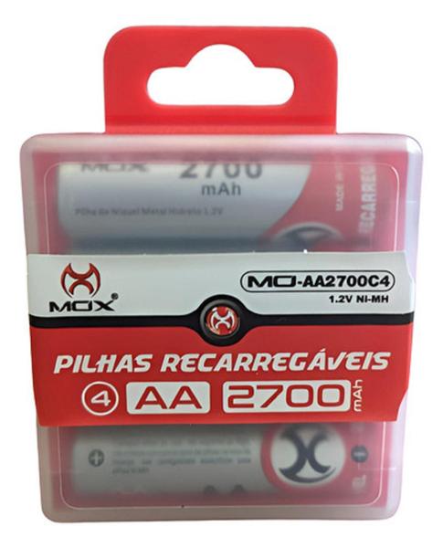 Pilha Recarregável Mox Aa 2700 mAh 1.2v Pequena Com 4 unidades Original no Blister MO-AA2700B4 Imagem de Pilha Recarregável Mox Aa 2700 mAh 1.2v Pequena Com 4 unidades Original no Blister MO-AA2700B4