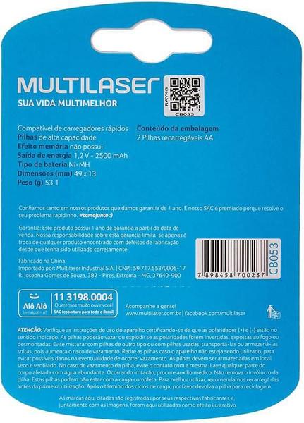 Imagem de Pilha Recarregável Multilaser Aa 2500 Mah Pack Com 2 Cb053