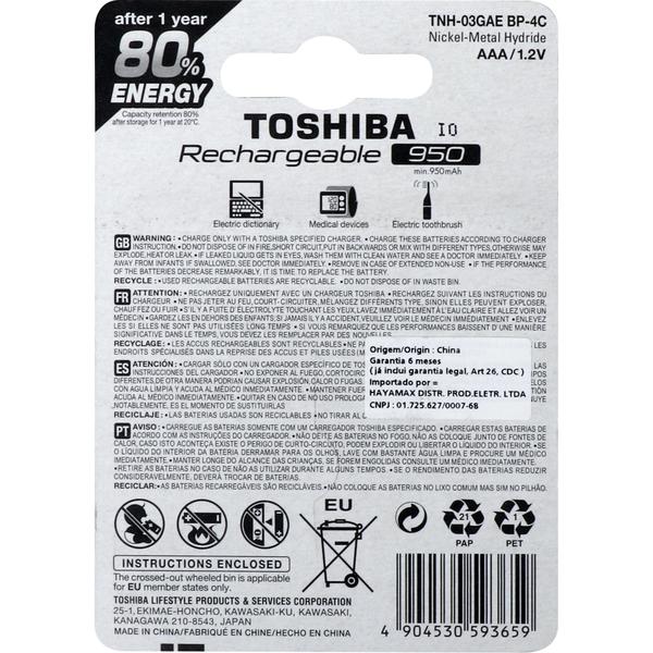 Imagem de Pilha Recarregável Toshiba AAA 1.2V 950mAh TN3GAE (Cartela 4 Un.)