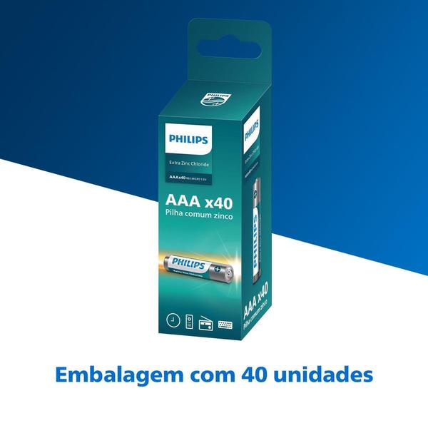 Imagem de Pilha Zinco AAA Philips Bateria Carvão 3A Palito Tubo kit com 40 unidades