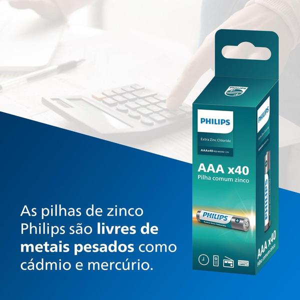 Imagem de Pilha Zinco AAA Philips Bateria Carvão 3A Palito Tubo kit com 40 unidades