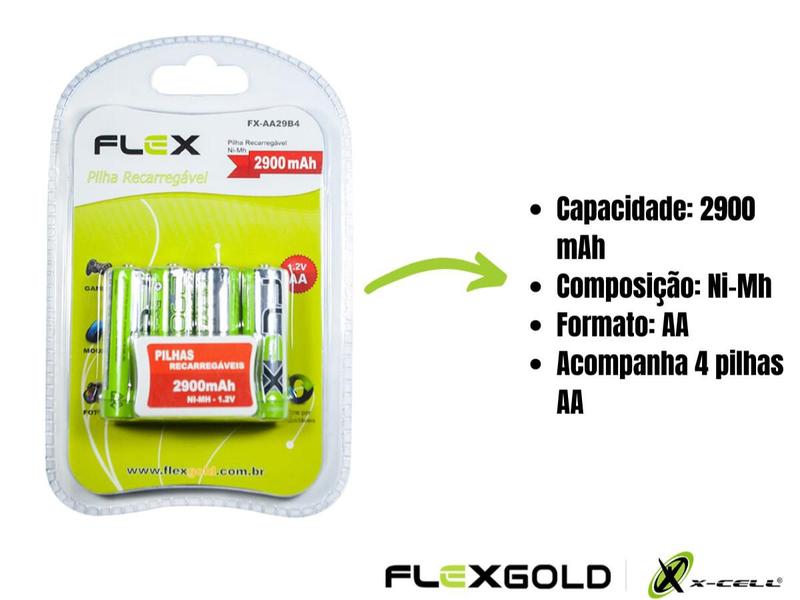 Imagem de Pilhas Aa Recarregável 2900 Mah Flex Gold 4 Unidades