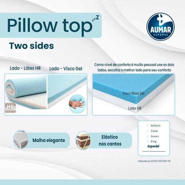 Imagem de Pillow Top Látex Hr + Visco Nasa Gel Two Sides Solteiro 88 X 6cm - Aumar