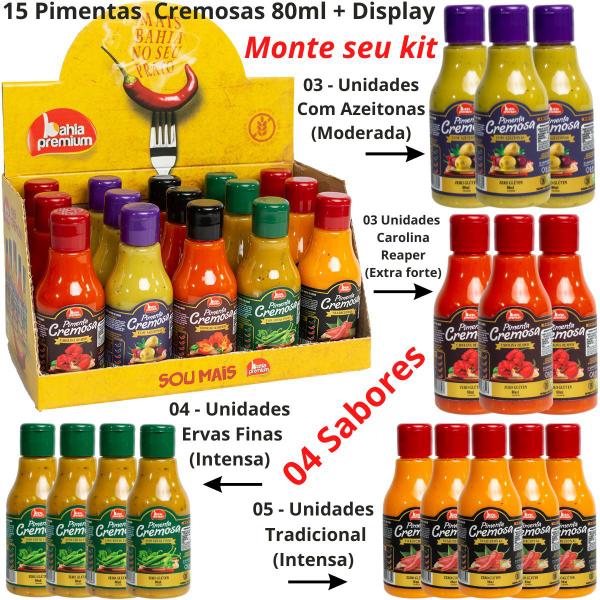 Pimenta Cremosa Goumet Carolina Reaper Extra Forte Azeitonas Kit Display 15un de 80ml Bahia Premium (monte seu kit) Imagem de Pimenta Cremosa Goumet Carolina Reaper Extra Forte Azeitonas Kit Display 15un de 80ml Bahia Premium (monte seu kit)