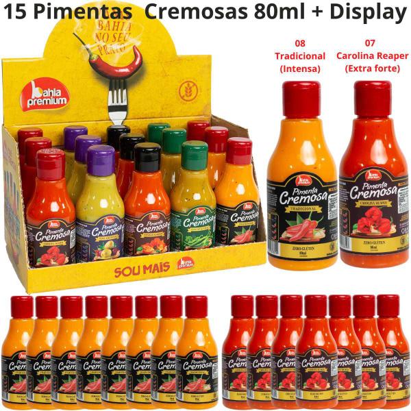Pimenta Cremosa Goumet Carolina Reaper Extra Forte Azeitonas Kit Display 15un de 80ml Bahia Premium (monte seu kit) Imagem de Pimenta Cremosa Goumet Carolina Reaper Extra Forte Azeitonas Kit Display 15un de 80ml Bahia Premium (monte seu kit)