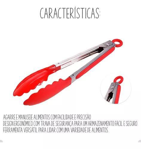 Imagem de Pinça Pegador Culinário de Silicone Inox Multiuso Para Fritura Churrasco Carne Salada Gelo Aço Inox