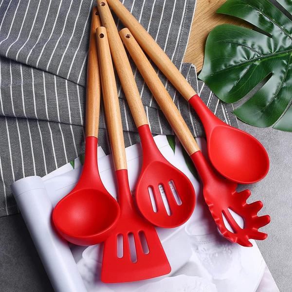 Imagem de Pincel De Cozinha Silicone Cabo Madeira Grande 32Cm Vermelho