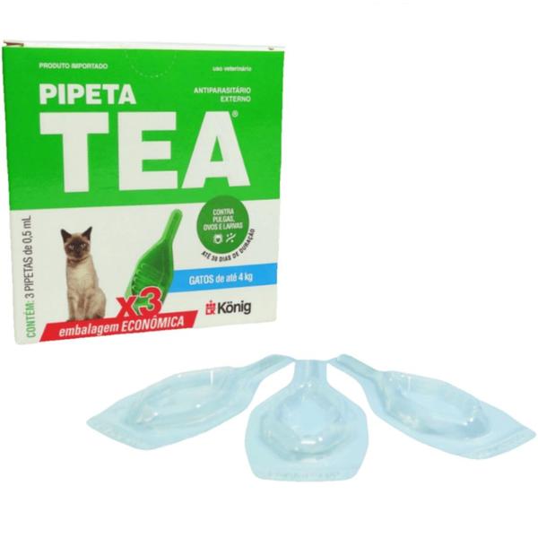 Imagem de Pipeta Tea 0,5 ml Antiparasitário Contra Pulgas P/ Gatos de até 4 Kg C/ 3 unid. Kit C/ 4 Cxs