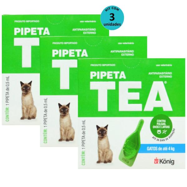 Imagem de Pipeta Tea 0,5 ml Antiparasitário Contra Pulgas para Gatos de até 4 Kg - König Kit Com 3