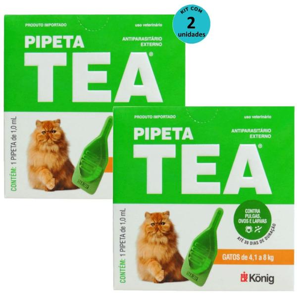 Imagem de Pipeta Tea 1,0 ml Antiparasitário Contra Pulgas para Gatos de 4,1 até 8 Kg - König Kit Com 2