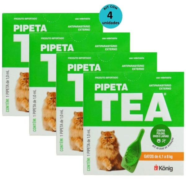 Imagem de Pipeta Tea 1,0 ml Antiparasitário Contra Pulgas para Gatos de 4,1 até 8 Kg - König Kit Com 4