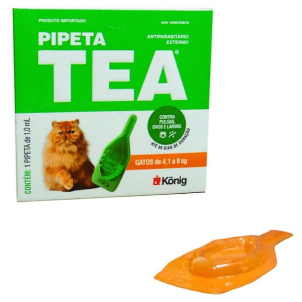 Imagem de Pipeta Tea 1,0 ml Antiparasitário Contra Pulgas para Gatos de 4,1 até 8 Kg - König Kit Com 4