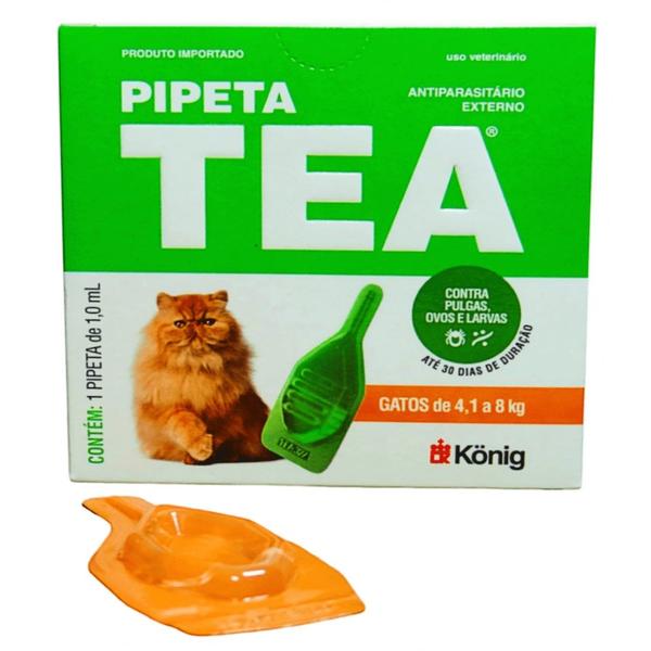 Imagem de Pipeta Tea 1,0 ml Antiparasitário Contra Pulgas para Gatos de 4,1 até 8 Kg - König Kit Com 6