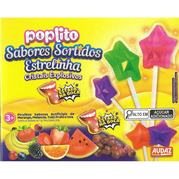Pirulito PopLito Estrelinha Cristais Explosivos Caixa com 24 - Fampar Toys Imagem de Pirulito PopLito Estrelinha Cristais Explosivos Caixa com 24