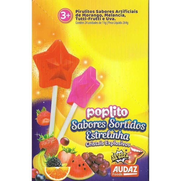 Pirulito PopLito Estrelinha Cristais Explosivos Caixa com 24 - Fampar Toys Imagem de Pirulito PopLito Estrelinha Cristais Explosivos Caixa com 24