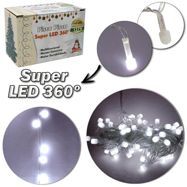 Imagem de Pisca 100 leds branco frio super led 360 127v 9m 8 funcoes fio transparente - NATALKASA