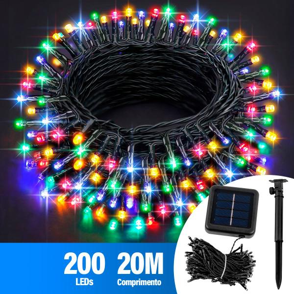 Imagem de Pisca 200 Lâmpadas Led Solar Lâmpadas Colorida ou Dourado 20m 8 Modos Decoração Natal Enfeite Luzes Jardim Quintal Garagem Externa