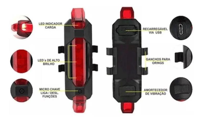 Imagem de Pisca Alerta Bike Sinalizador Sinaleira Luz Traseira Led Vermelho Usb todo Brasil Top Melhor