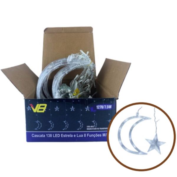 Imagem de Pisca Cascata Lua e Estrela 138 LEDS Branco Morno 8 Funcoes 110V