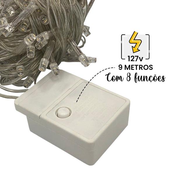 Pisca Pisca com 100 LEDs de 9 Metros com 8 Funções - 127v Branco Frio - Wincy Natal Imagem de Pisca Pisca com 100 LEDs de 9 Metros com 8 Funções - 127v Branco Frio