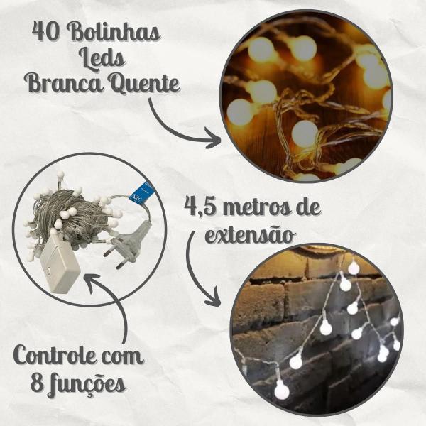 Imagem de Pisca Pisca Cordão 40 Bolinhas Leds Varal Decoraçãoa Festas Eventos 4,5m Branco Quente