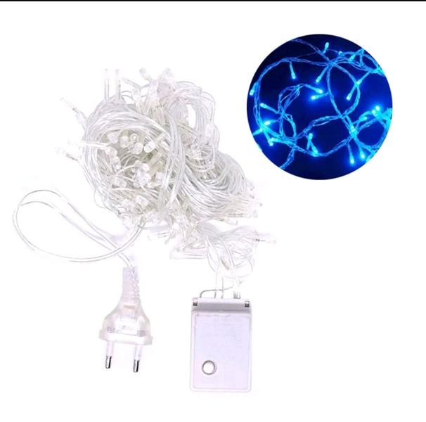 Imagem de Pisca Pisca Cordão De 100 LED azul 10 Metros 127v Decoração Para Natal Luz Fio Transparente