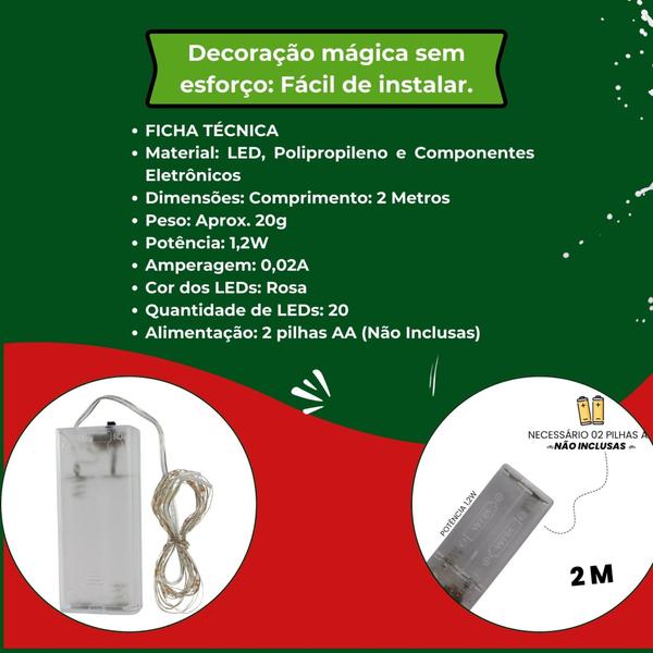 Imagem de Pisca pisca fio de fada LED 2 metros ROSA decoração natalina luzes iluminação natal kit 2 unidades