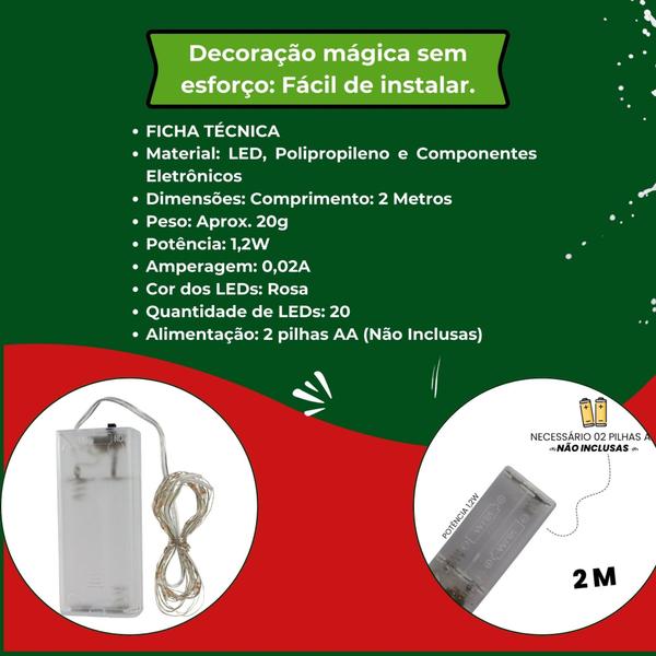 Imagem de Pisca pisca fio de fada LED 2 metros ROSA decoração natalina luzes iluminação natal kit 3 unidades