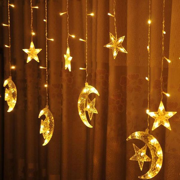 Imagem de Pisca Pisca Lua Estrelas 138 LED Branco Quente Cortina Cascata Decoracao Janela Parede Natal Casamento Jardim Quarto